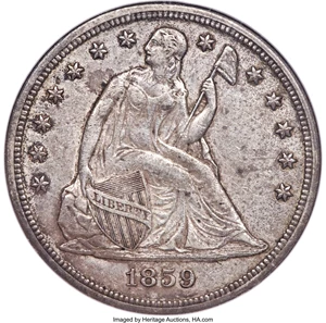 image for: 1859-S $1 AU55 NGC. OC-2, R.4. Ex: S. M. Damon Collection. Only 20,000 silver dollars were struck at San Francisco in 1859,...