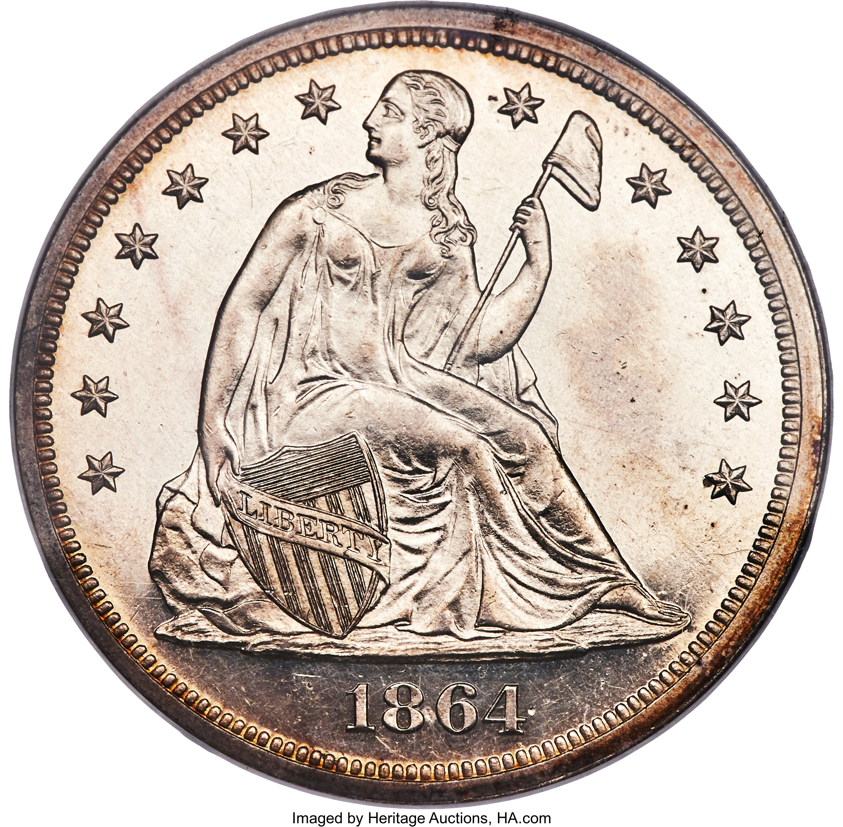 image for: 1864 $1 PR62 NGC. OC-P4, Low R.5. This is one of four different proof die pairs known for the 1864 Seated dollar, despite a...