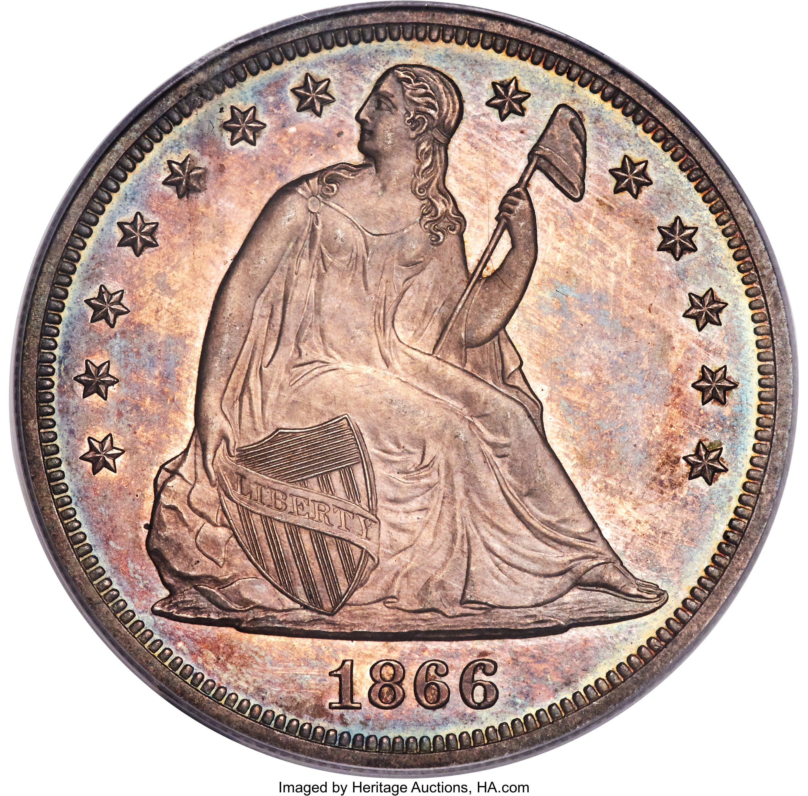 image for: 1866 $1 Motto PR63 Cameo PCGS. OC-P1, Low R.4. For a Select proof, this With Motto 1866 Seated dollar is incredibly attract...