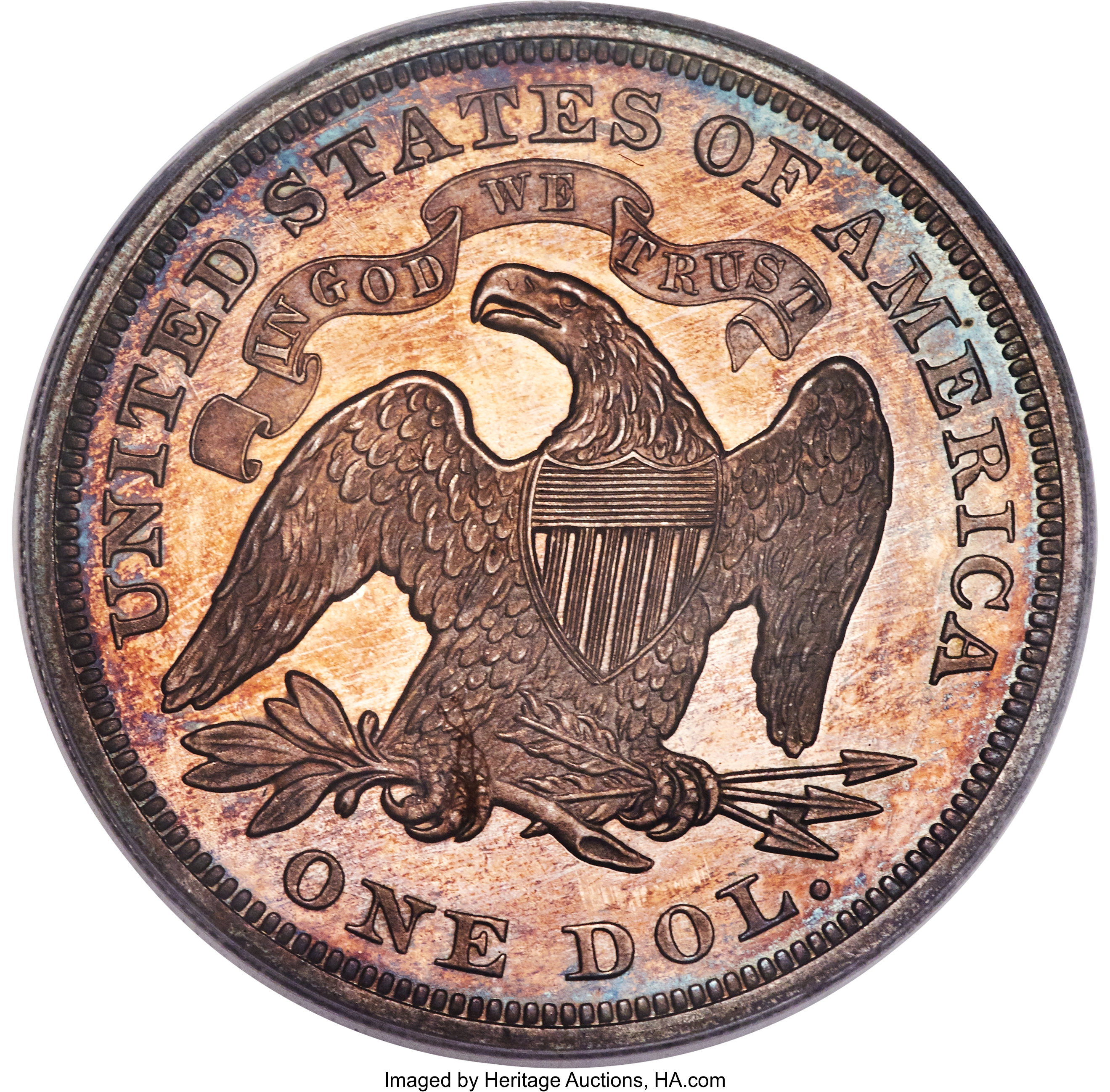 image for: 1866 $1 Motto PR63 Cameo PCGS. OC-P1, Low R.4. For a Select proof, this With Motto 1866 Seated dollar is incredibly attract...
