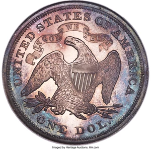 image for: 1868 $1 PR65 NGC. OC-P2, High R.3. A conditionally rare Gem proof example of this popular issue, showing original blue-gree...