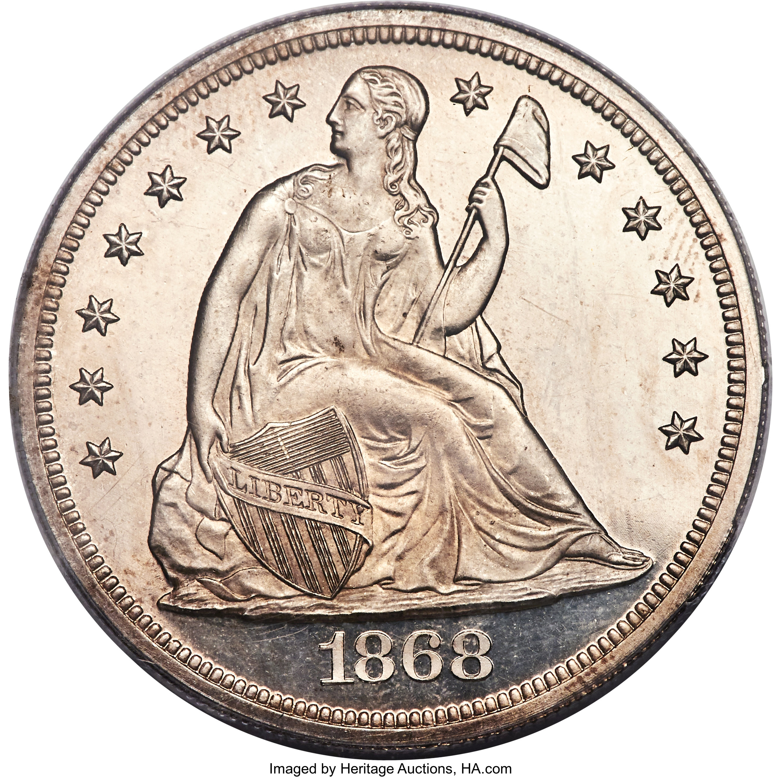 image for: 1868 $1 PR64 Cameo PCGS. OC-P2, High R.3. A brilliant, well-contrasted Motto proof type coin, showing sharp design elements...