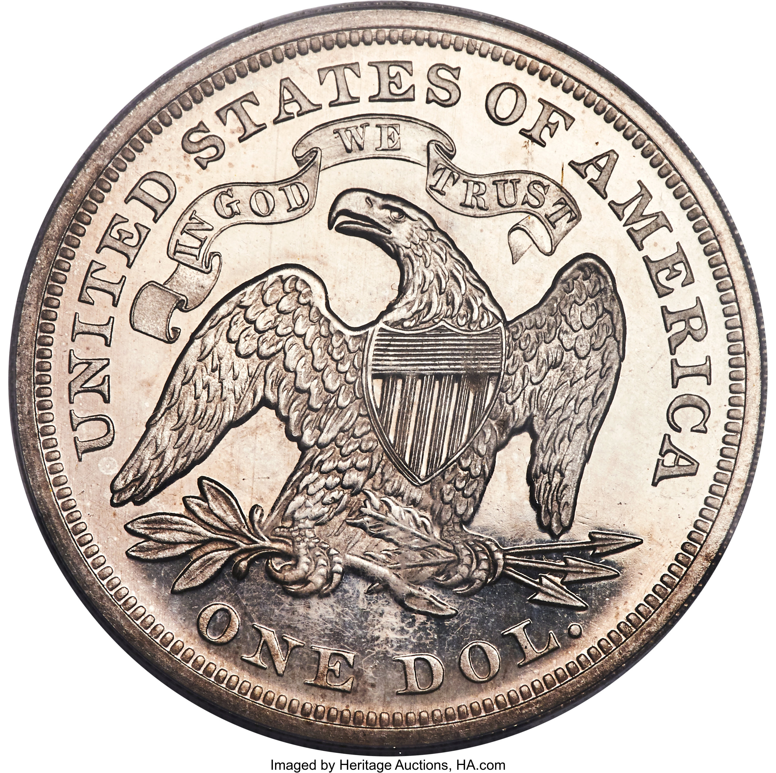 image for: 1868 $1 PR64 Cameo PCGS. OC-P2, High R.3. A brilliant, well-contrasted Motto proof type coin, showing sharp design elements...