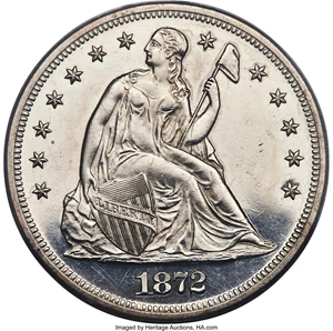 image for: 1872 $1 PR62 PCGS. OC-P1, R.2. A pleasing lower-end proof 1872 Seated dollar, accessible for most collectors and still deli...