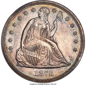 image for: 1873 $1 PR64 NGC. OC-P1, R.3. This 1873 proof Seated dollar variety shows bold die doubling on the reverse, especially on I...