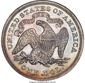 image for: 1873 $1 PR64 NGC. OC-P1, R.3. This 1873 proof Seated dollar variety shows bold die doubling on the reverse, especially on I...