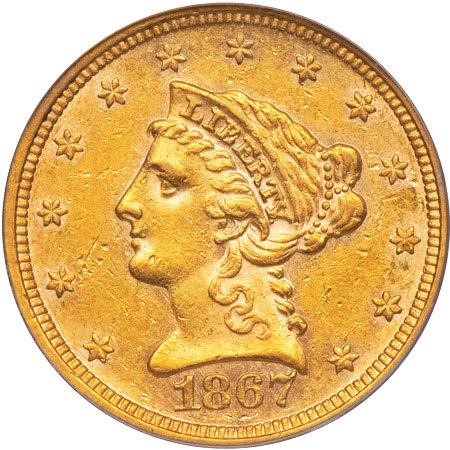 image for: $2.50 1867 PCGS AU58
