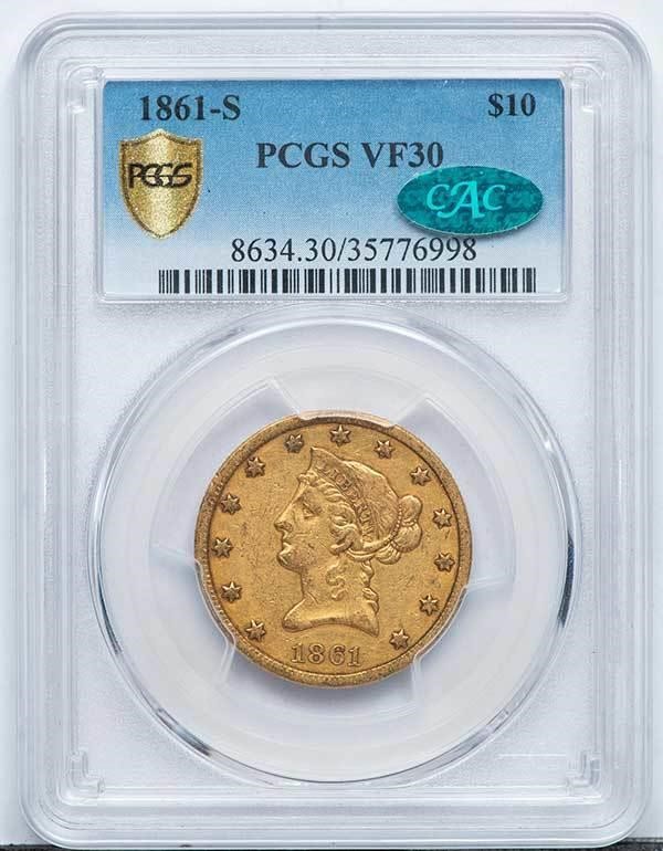 image for: $10 1861-S PCGS VF30 CAC