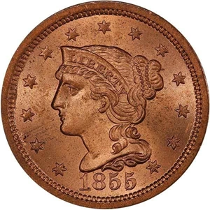 image for: L1C 1855 UPRIGHT 55. PCGS MS65 RD CAC