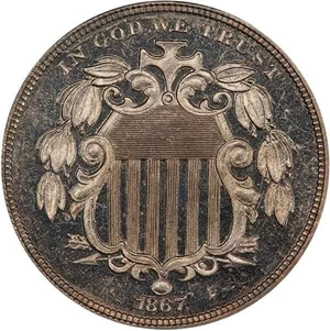 image for: 5C 1867 NO RAYS. PATTERN REVERSE PCGS PR63 CAM CAC