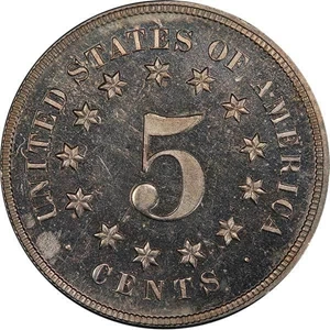 image for: 5C 1867 NO RAYS. PATTERN REVERSE PCGS PR63 CAM CAC
