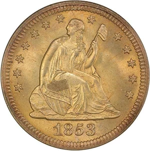 image for: 25C 1853 NO ARROWS. PCGS MS66 CAC