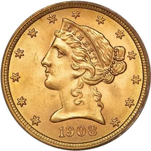 image for: $5 1908 LIBERTY. PCGS MS66