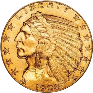 image for: $5 1908-S INDIAN. PCGS MS65 CAC
