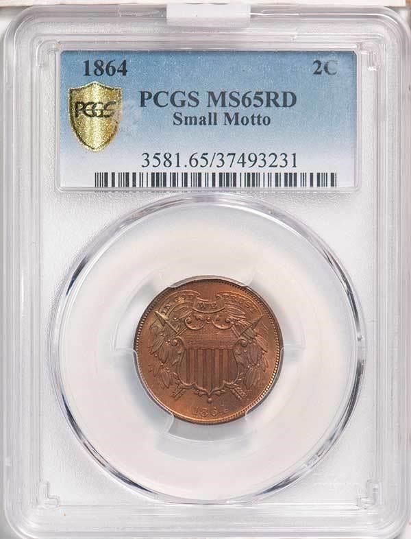 image for: 2C 1864 SMALL MOTTO. PCGS MS65 RD