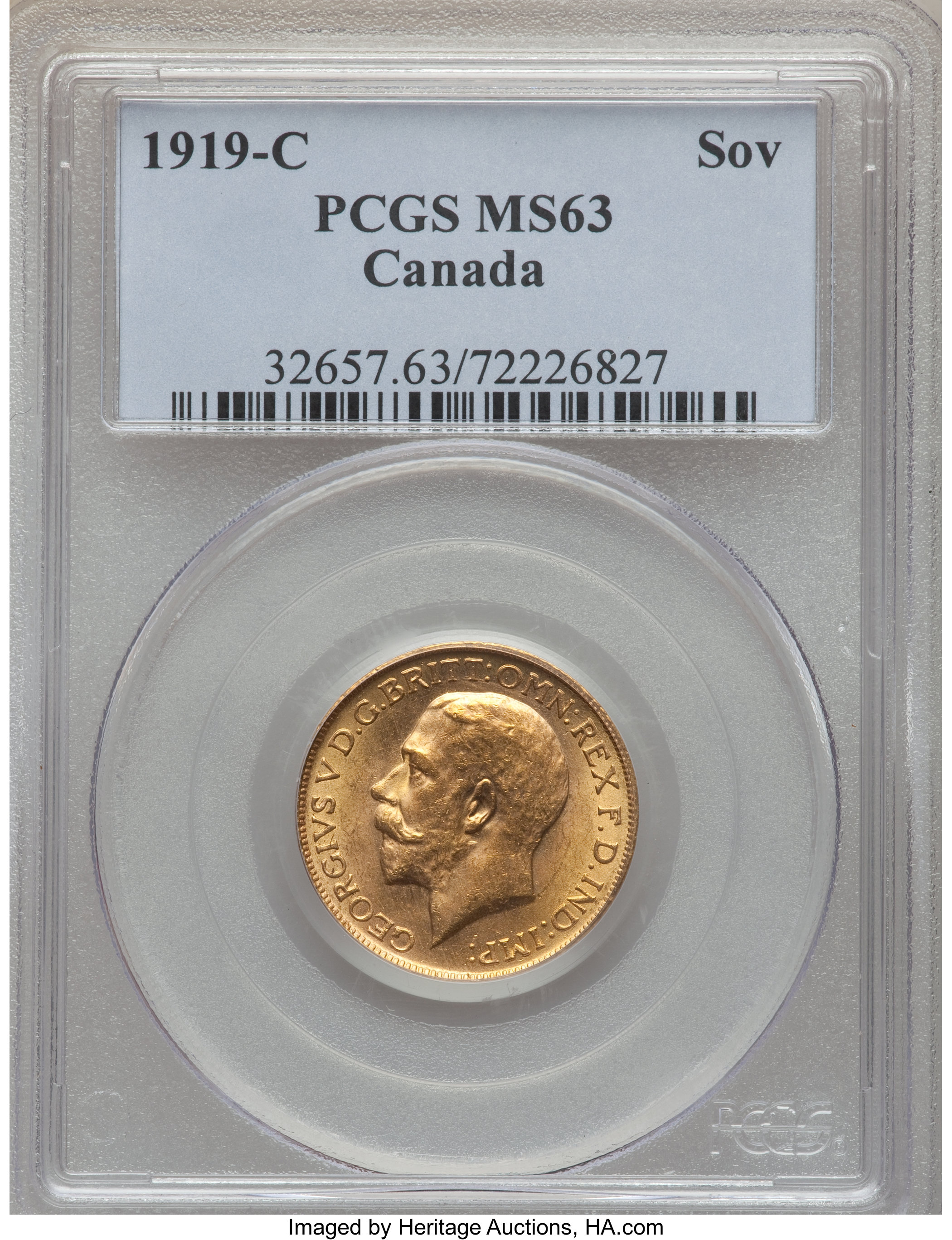 image for: George V gold Sovereign 1919-C MS63 PCGS