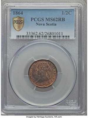 image for: Nova Scotia. Victoria 1/2 Cent 1864 MS62 Red and Brown PCGS