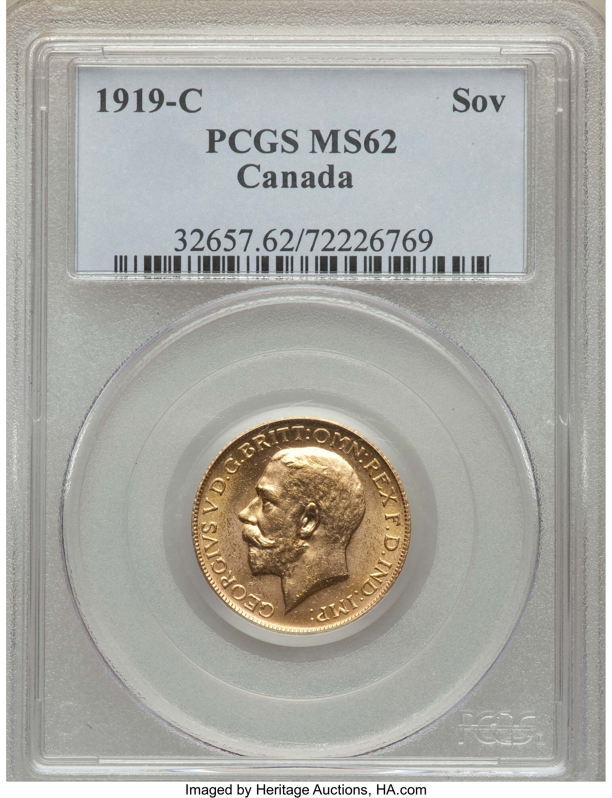 image for: George V gold Sovereign 1919-C MS62 PCGS