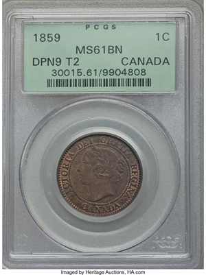 image for: Victoria "Double Punched Narrow 9 - Type 2" Cent 1859 MS61 Brown PCGS