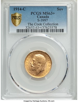 image for: George V gold Sovereign 1914-C MS63+ PCGS