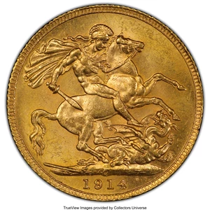 image for: George V gold Sovereign 1914-C MS63+ PCGS