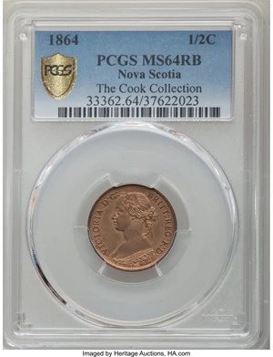 image for: Nova Scotia. Victoria 1/2 Cent 1864 MS64 Red and Brown PCGS