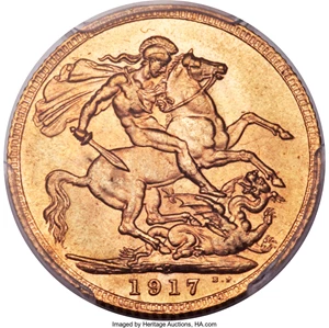 image for: George V gold Sovereign 1917-C MS65 PCGS