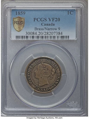 image for: Victoria brass "Narrow 9" Cent 1859 VF20 PCGS