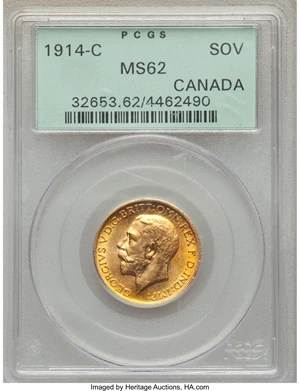 image for: George V gold Sovereign 1914-C MS62 PCGS