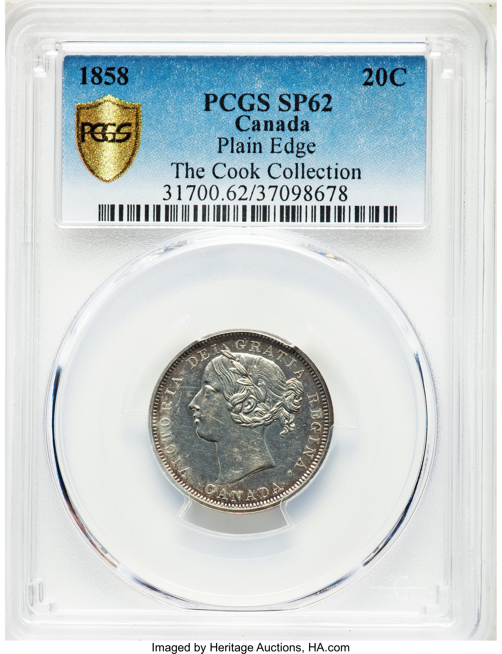 image for: Victoria Specimen "Plain Edge" 20 Cents 1858 SP62 PCGS