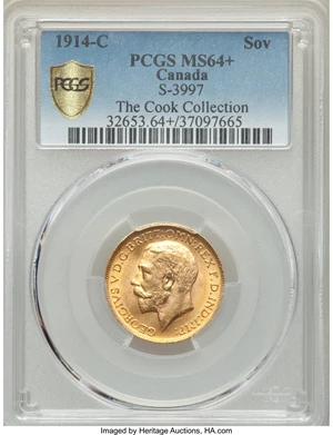 image for: George V gold Sovereign 1914-C MS64+ PCGS