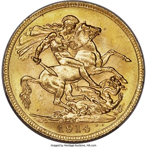 image for: George V gold Sovereign 1914-C MS64+ PCGS