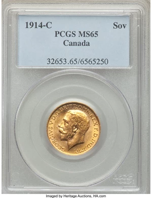 image for: George V gold Sovereign 1914-C MS65 PCGS