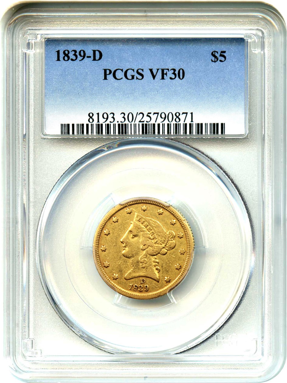 image for: 1839-D $5 PCGS VF30