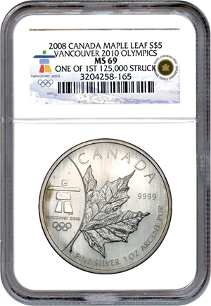 image for: Canada: 2008 $5 Maple Leaf Vancouver 2010 Olympics NGC MS69