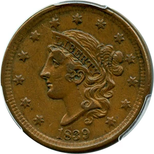 image for: 1839 1c PCGS/CAC AU53 BN (N-9, Silly Head)