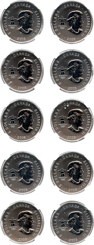 image for: Lot of (10) Canada 2009 $5 Vancouver 2010 Olympics NGC MS69