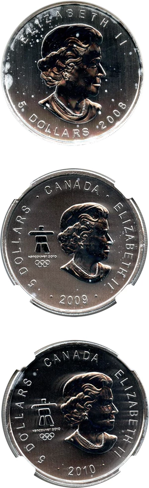 image for: Canada: 2008-2010 Vancouver Olympic 3 Coin Set $5 NGC MS69