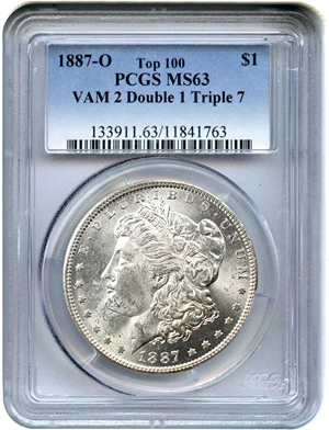 image for: 1887-O $1 PCGS MS63 (VAM-2, Double 1 Triple 7)