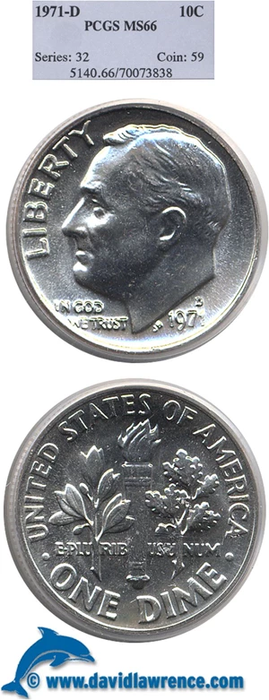 image for: 1971-D 10c PCGS MS66