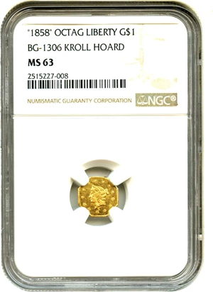 image for: 1858 Cal. Gold Octag Liberty $1 NGC MS63 (BG-1306)