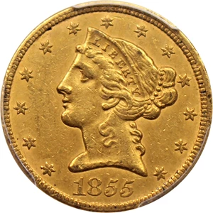 image for: 1855 $5 PCGS AU53