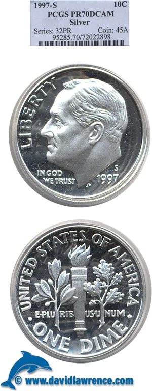 image for: 1997-S 10cC Silver PCGS Proof 70 DCameo
