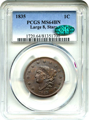 image for: 1835 1c PCGS/CAC MS64 BN (Large 8, Stars)