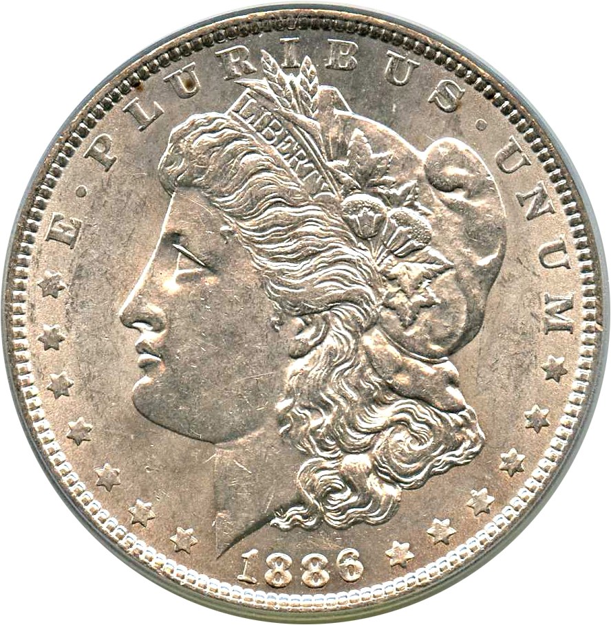 image for: Top 100 VAM: 1886 $1 PCGS AU58 (VAM-1A, Line in 6)