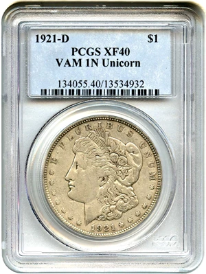 image for: 1921-D $1 PCGS XF40 (VAM-1N, Unicorn)