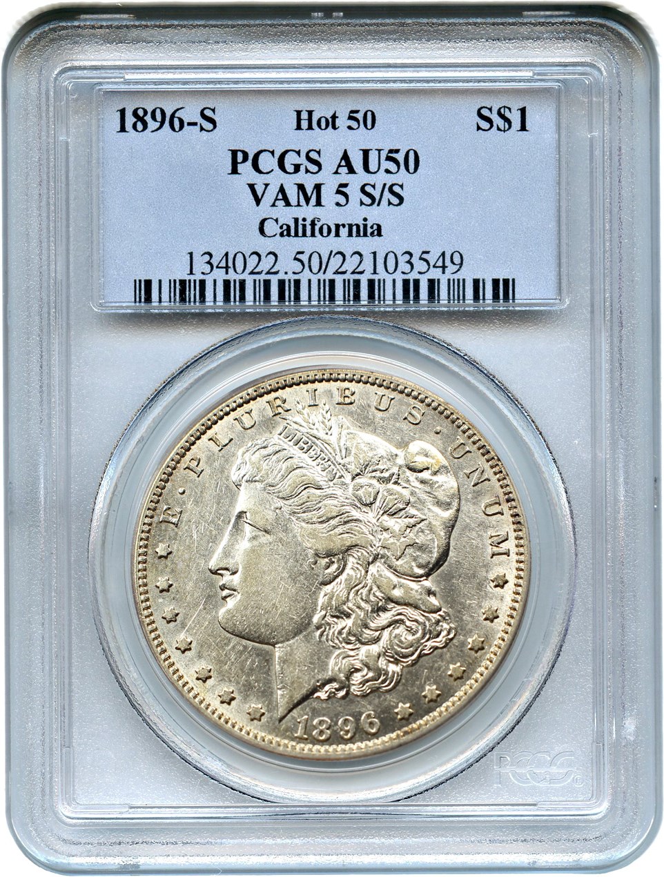 image for: Hot 50 VAM: 1896-S $1 PCGS AU50 (VAM-5, S/S) 