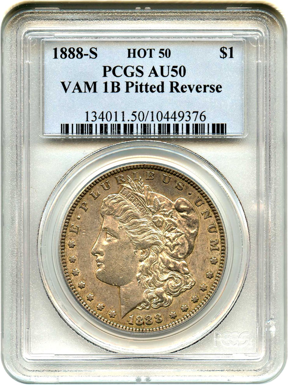 image for: Hot 50 VAM: 1888-S $1 PCGS AU50 (VAM-1B, Pitted Reverse)