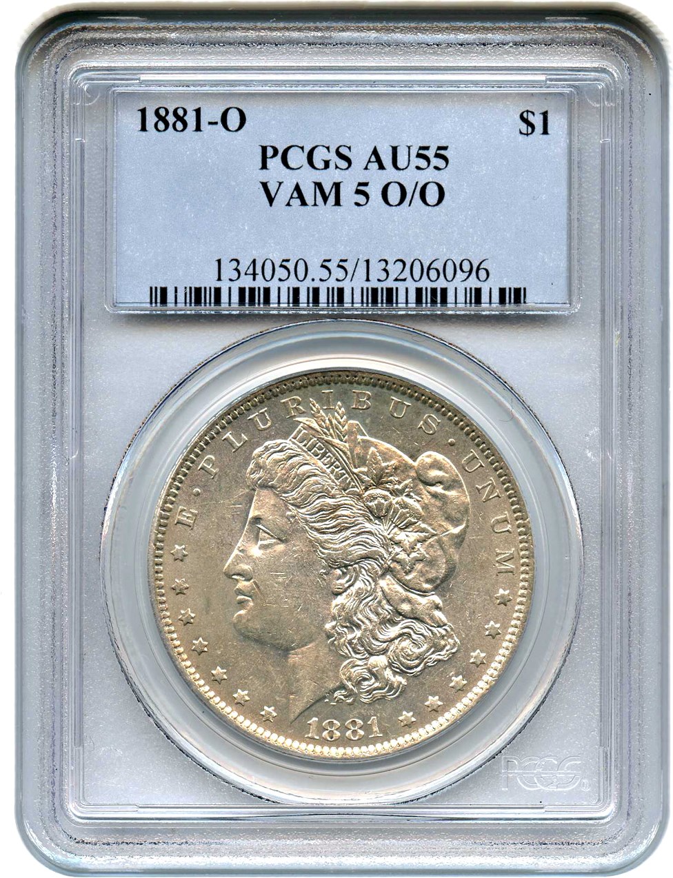 image for: 1881-O $1 PCGS AU55 (VAM-5, O/O)