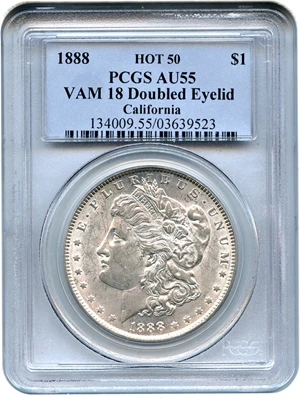 image for: Hot 50 VAM: 1888 $1 PCGS AU55 (VAM-18, Doubled Eyelid)